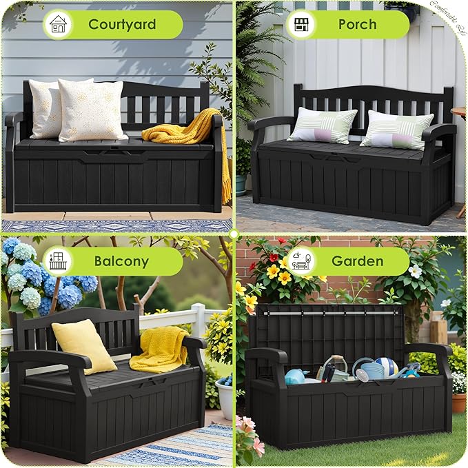 Greesum 80 Gallon Outdoor Storage Bench, Resin Patio Furniture with Armrest,Waterproof and UV-Resistant, Perfect to Garden, Poolside and Lawn, Dark Black