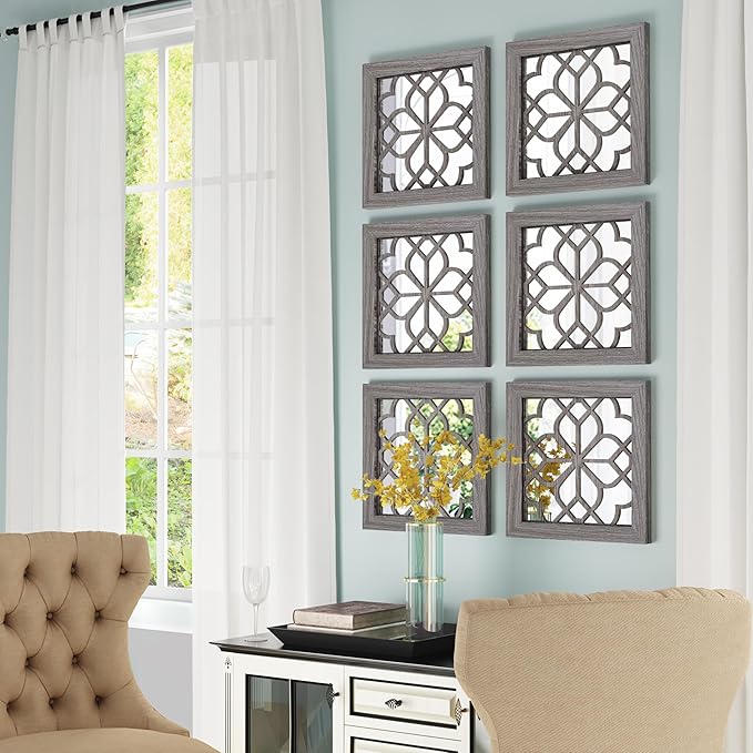 4pcs Farmhouse Wall Mirror with Carved Floral Design -Rustic Mirror Decor for Home, 12x12 inch(Brown)