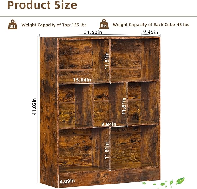 LEYAOYAO 7 Cube Bookshelf - Mid Century Modern Brown Rustic Wood Storage