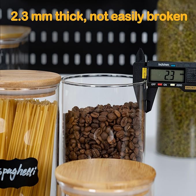 70oz Straight cylindrical Airtight Storage Jars with Bamboo Lid Set of 3 Storage Container Glass Jars, Kitchen Canister for Noodles, Pasta and Coffee beans (‎with Black Lable)