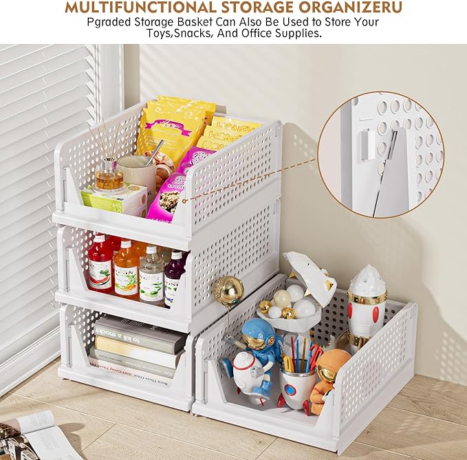 SNSLXH 5 Pack Stackable Closet Storage Basket, Multifunctional & Foldable Closet Organizer for Bathroom Kitchen Laundry Room Wardrobe Storage, Space-Saving Clothes Storage Drawer Organizer, White