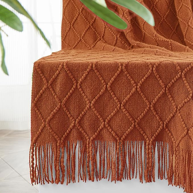 inhand Knitted Throw Blankets for Couch and Bed, Soft Cozy Knit Blanket with Tassel, Orange Rust Lightweight Decorative Blankets and Throws, Farmhouse Warm Woven Blanket for Men and Women, 50"x60"