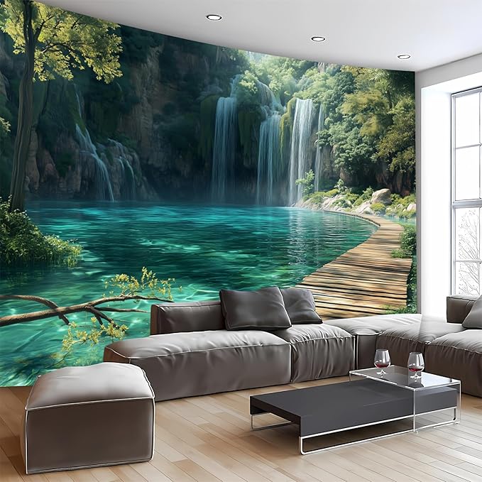 BSFHH Nature Tapestry Forest Tree Sea Cave Wall Hanging, Stream Through Rainforest Landscape Wall Art Tapestry for Bedroom Living room (Waterfall, 110" × 87", Unframed)