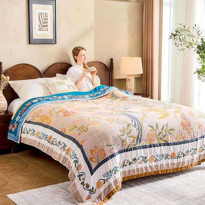 Boho Blanket, 100% Cotton Farmhouse Decorative Throw Blanket, 60"x80" Reversible Bohemian Throw Blanket, Brown All Season Muslin Breathable Woven Blankets Quilt