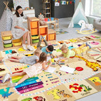 7x10 Playroom Rugs for Kids Washable, Educational and Fun Playmat with ABC Alphabet Animals Shapes Colors, Non-Slip Play Mat Learning Rug for Baby Toddler Children Game Activity，Beige, Pink