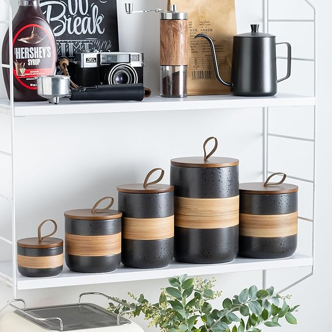 Ceramic Jar with Lid, Coffee Container Kitchen Food Storage Jars for Spice Sugar Tea Bag, Stackable Decorative Jars for Countertop, Black & 18oz