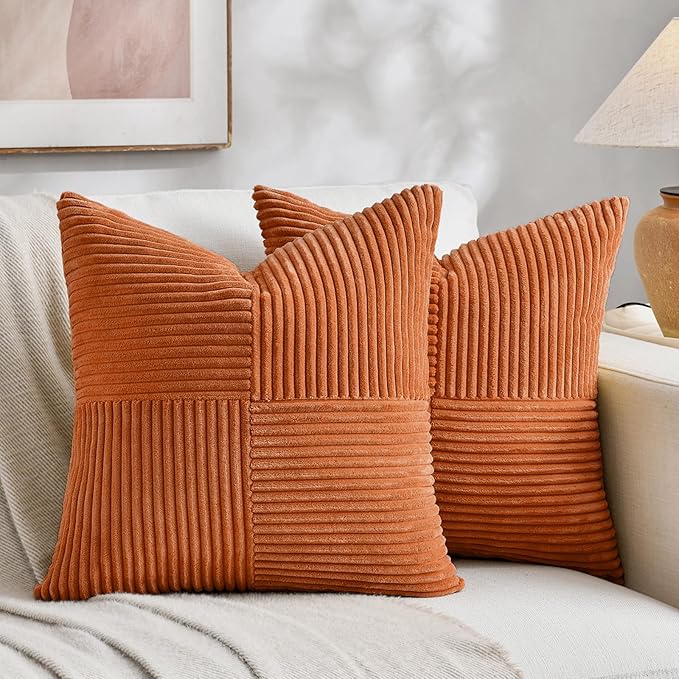 Fancy Homi 2 Packs Burnt Orange Decorative Throw Pillow Covers 20x20 Inch for Living Room Couch Bed Sofa, Rustic Farmhouse Boho Home Decor, Soft Corss Corduroy Patchwork Accent Cushion Case 50x50 cm