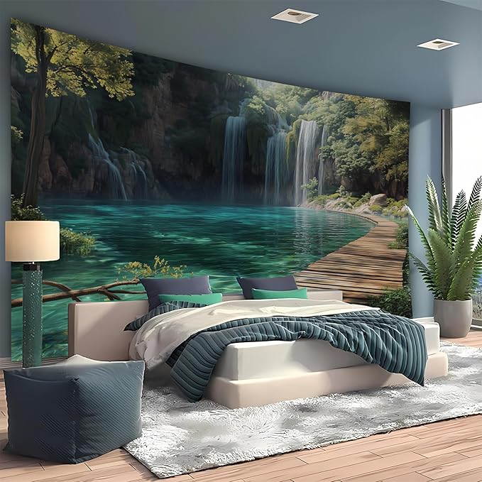BSFHH Nature Tapestry Forest Tree Sea Cave Wall Hanging, Stream Through Rainforest Landscape Wall Art Tapestry for Bedroom Living room (Waterfall, 110" × 87", Unframed)