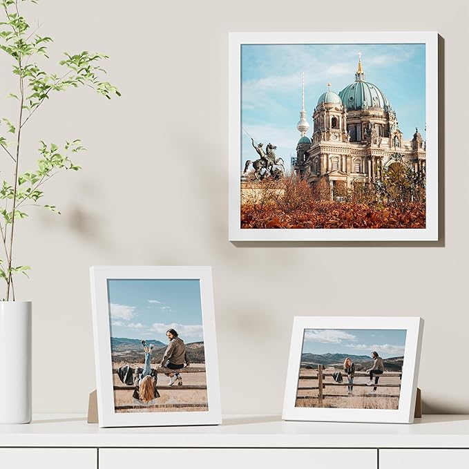Vittanly 12x12 Picture Frames Set of 9, Shatter Resistant Plexiglass, Display 8x8 Pictures with Mat or 12x12 without Mat, Photo Frames for Wall Mount, Engineered Wood, White