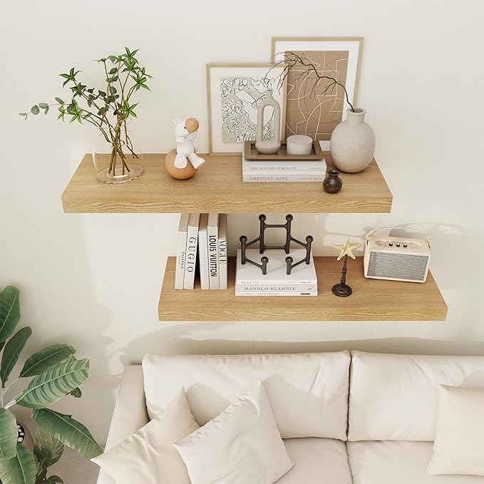 Floating Shelves 36 Inch Long, 12 Inch Deep Floating Shelves for Wall, 36 x 12 Shelves for Wall Storage & Display, 2" Thick Floating Shelf for Bathroom, Living Room, Bedroom, Oak Color, Set of 2