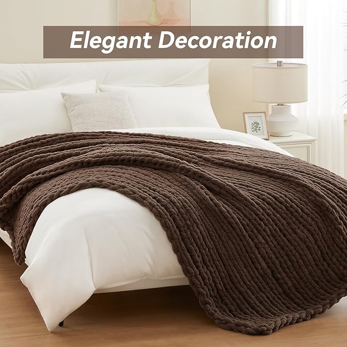 Chunky Knit Throw Blanket, 40''*50'' Knitted Throw Chenille Yarn for Bed Couch, Handmade Dark Brown Crochet Big Thick Blanket, Machine Washable Cute Comfy Blanket for Home Decor
