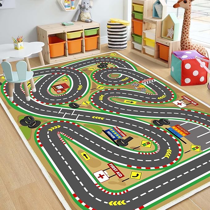 Kids Rug Play mat Playroom Rugs Car Rugs for Kids Toy Cars Race Track for Classroom Rug (Race-Brown, 5.2x7.9ft)