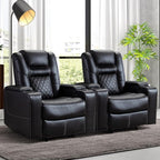 CANMOV Electric Power Recliner Chair Set of 2, Breathable Leather Home Theater Seating with Hidden Arm Storage, Power Recliner Chair for Living Room with USB Ports and Cup Holders,Black