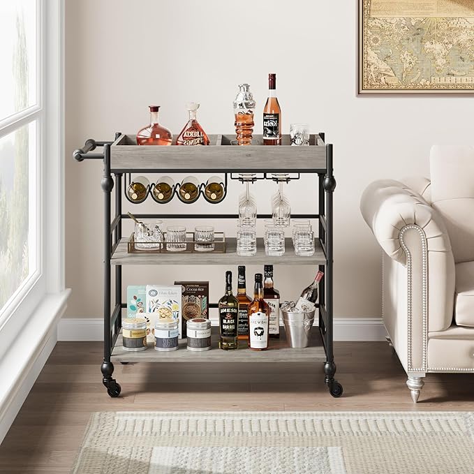 GarveeHome Bar Cart, Bar Carts for The Home, 3 Tier Serving Cart with Wheels, Home Bar & Serving Carts, Metal Rolling Cart with Wine Rack & Removable Tray for Kitchen, Dining Room, Living Room-Grey