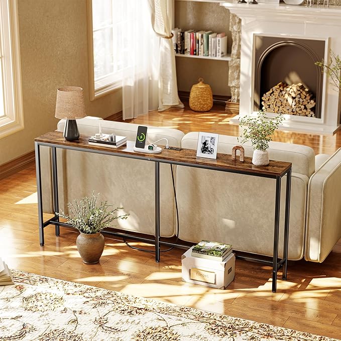 SUPERJARE 70 Inch Console Table with Outlet, Sofa Table with Charging Station, Narrow Entryway Table, Skinny Hallway Table, for Living Room, Rustic Brown