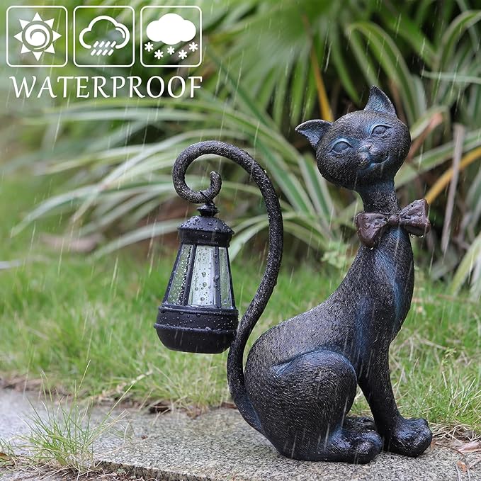 Whimsical Outdoor Cat Statues with Solar Garden Lantern:Cat Garden Statues for Outside Fall Decor Clearance,Outdoor Figurine for Yard Art Lawn Ornaments Patio Balcony Home House - Birthday Gifts