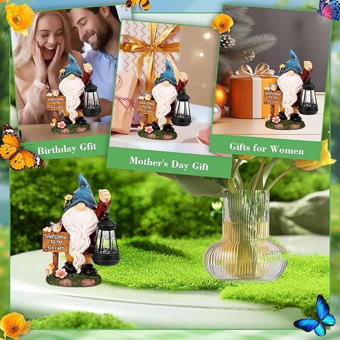 Garden Gnome Statues Figurine Lights - Solar Powered Lighting Outdoor Decorations with Lantern & Welcome Sign, Yard Art Lawn Ornaments for Porch Patio Balcony - Gnome Gifts for Women Mom