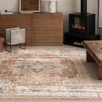 5'x7' Area Rug - Vintage Persian Medallion Design Low-Pile Faux Wool Rug, Non-Slip Backing, Machine Washable, for Living Room, Dining Room, Bedroom (Brick Red)
