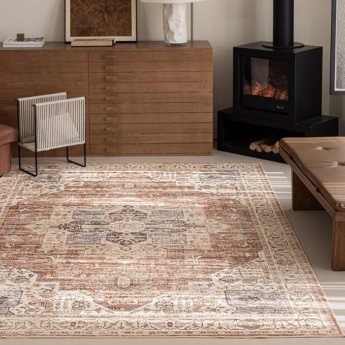 5'x7' Area Rug - Vintage Persian Medallion Design Low-Pile Faux Wool Rug, Non-Slip Backing, Machine Washable, for Living Room, Dining Room, Bedroom (Brick Red)