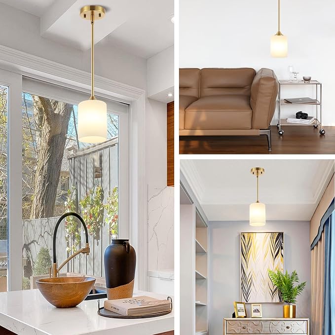 Modern Gold Pendant Light 3 Pack Brushed Brass Mid Century Chandelier White Cylinder Glass Shades Adjustable Rods Farmhouse Ceiling Hanging Lighting Fixture Kitchen Island Dining Room Bedroom