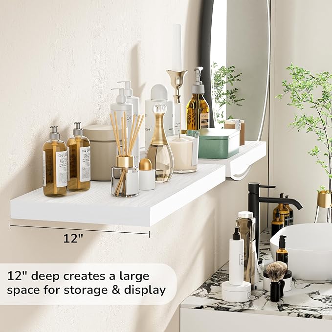 Fun Memories Floating Shelves - 2 Pack 12 Inch Deep Rustic Wooden Wall Shelves - Extra Deeper & Thicker Wall Mounted Storage Shelf for Living Room, Kitchen, Farmhouse - 24" W x 12" D x 1.5" H - White