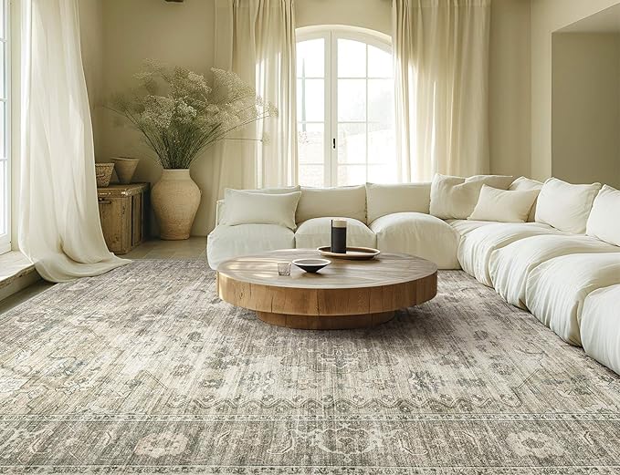 Washable Area Rugs for Living Room -10x13 Neutral Vintage Distressed Floral Farmhouse Boho Large Soft Floor Rug Indoor Non Slip Carpet for Living Room Bedroom Dining Room Office-Brown/Tan