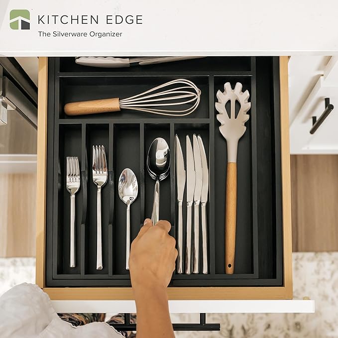 Premium Silverware, Flatware and Utensil Organizer for Kitchen Drawers, Food-Safe Contract Grade, Expandable from 14.5 to 25 In, Black Bamboo