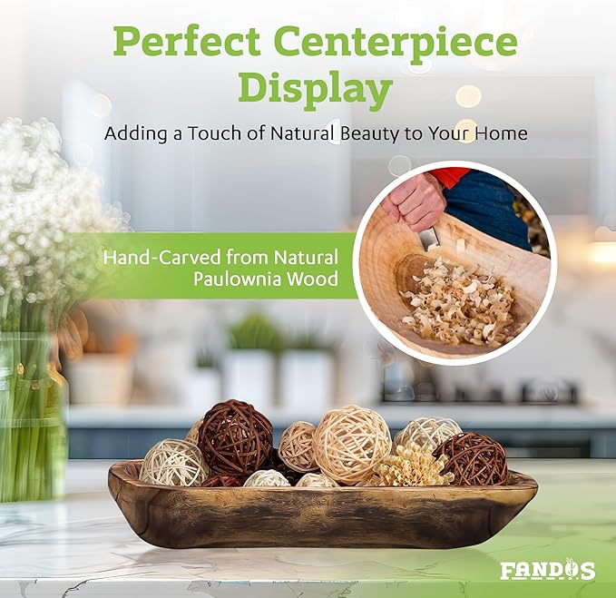 Wooden Dough Bowl for Decor - 17¾ in Long Hand Carved Paulownia, Large Rustic Decorative Bowl for Home Table Centerpiece, Keys, Entryway Table, Catchall Tray & Wooden Dining Room Centerpiece