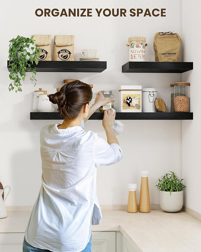 Marsmiles 72" Floating Shelves for Wall, Wooden Shelves with Invisible Brackets Set of 2, Rustic Farmhouse Wall Mounted Shelf for Kitchen Bathroom Living Room Study, Black