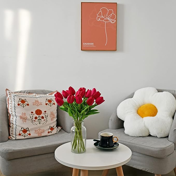 Mandy's Artificial Tulips 20 Stems Hot Pink PU Faux Flowers for Wedding Home Decor 13.5 Inch