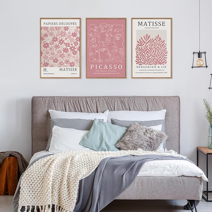 HLNIUC Matisse Pink Wall Art,Neutral Pink Flower Framed Canvas Wall Decor Set of 3(16”x24’) Modern Aesthetic Pictures Wall Painting,Abstract Flower Market Art Print for Living Room,Bedroom