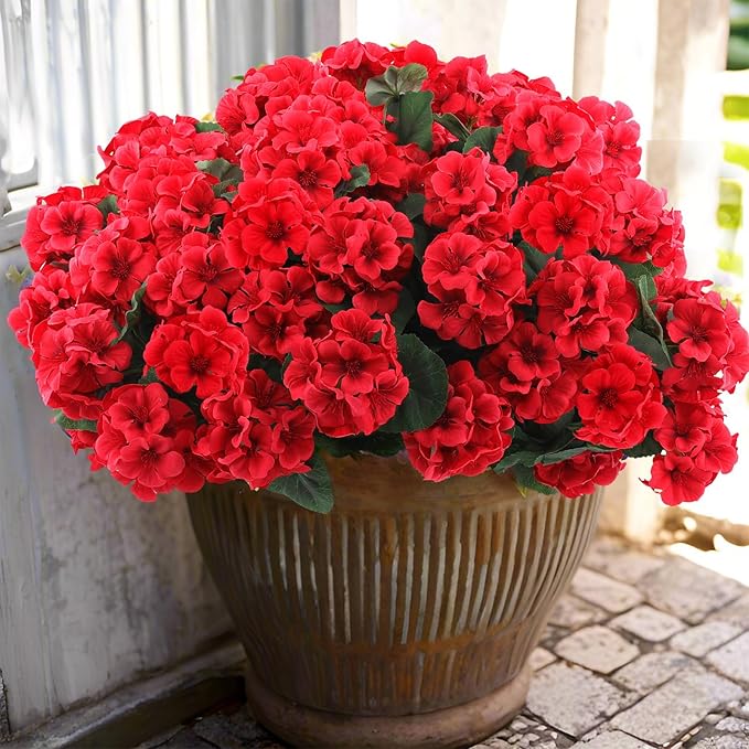 Hananona 6 Bundles Artificial Geranium Flowers for Outdoors Silk Geranium Flowers Outdoor UV Resistant Garden Plants Faux Flower for Home Kitchen Table Centerpieces Decor (6, Red)