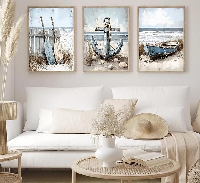3Pcs Nautical Beach Wall Art Sailboat Paddle and Anchor Paintings Pictures Wall Decor Nautical Coastal Posters Prints Artwork for Living Room Bedroom Home Office Corridor Home Decroation Unframed