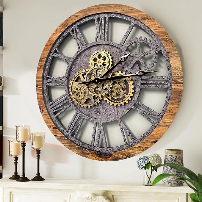 The Gears Clock The Original Real Moving Gear Wall Clock Vintage Industrial Oversized Rustic Farmhouse (24 inch (60cm),Wood&Stone)