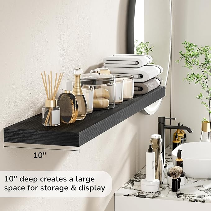 Floating Shelves - 10.3 Inch Deep Wall Shelf for Decor & Storage - Wall Mounted Display Shelving with Invisible Heavy-Duty Metal Bracket - 48" W x 10.3" D x 1.8" H - Set of 1 - Rustic Black