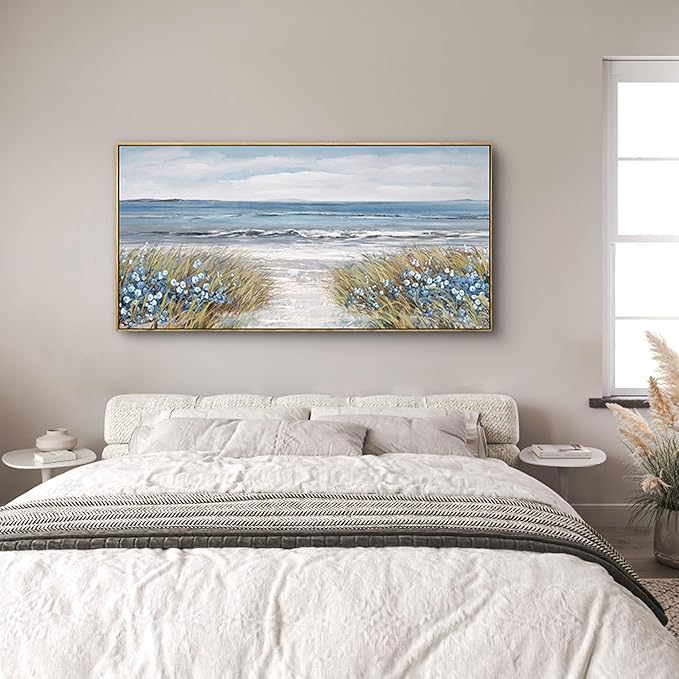 XLSJERST Framed Wall Art for Bedroom Decor - Farmhouse Boho Beach Coastal Vintage Floral Ocean Wall Picture Daisy Flowers Sea Canvas Print Nautical Neutral Seascape Artwork for Home Living Room