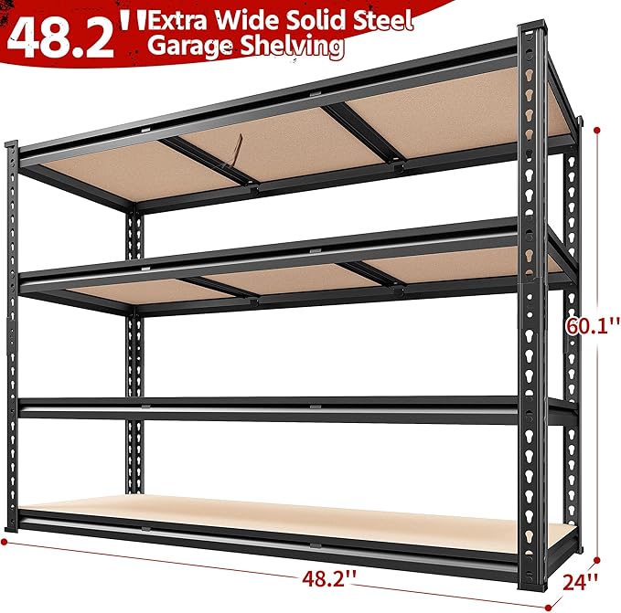 REIBII 48.2" W Garage Shelving, Storage Shelves Load 2600LBS, 4-Tier Adjustable Heavy Duty Metal Shelves for Warehouse, Pantry, Kitchen, 60.1" H X 48.2" W X 24" D, Black