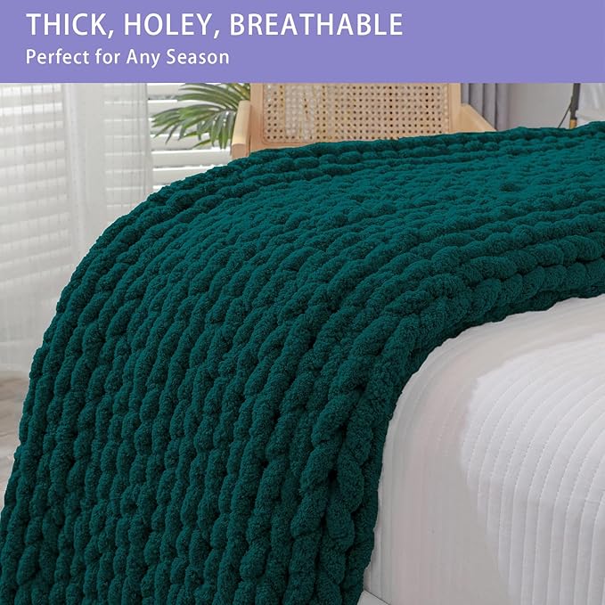 Bigacogo Chunky Knit Throw Blanket for Couch, 51x63 inches, 100% Hand Knitted with Thick Jumbo Chenille Yarn, Cozy Soft Large Rope Knot Cable Crochet Blankets for Sofa Bed Living Room, Dark Green