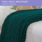 Bigacogo Chunky Knit Throw Blanket for Couch, 40x40 inches, 100% Hand Knitted with Thick Jumbo Chenille Yarn, Cozy Soft Large Rope Knot Cable Crochet Blankets for Sofa Bed Living Room, Dark Green