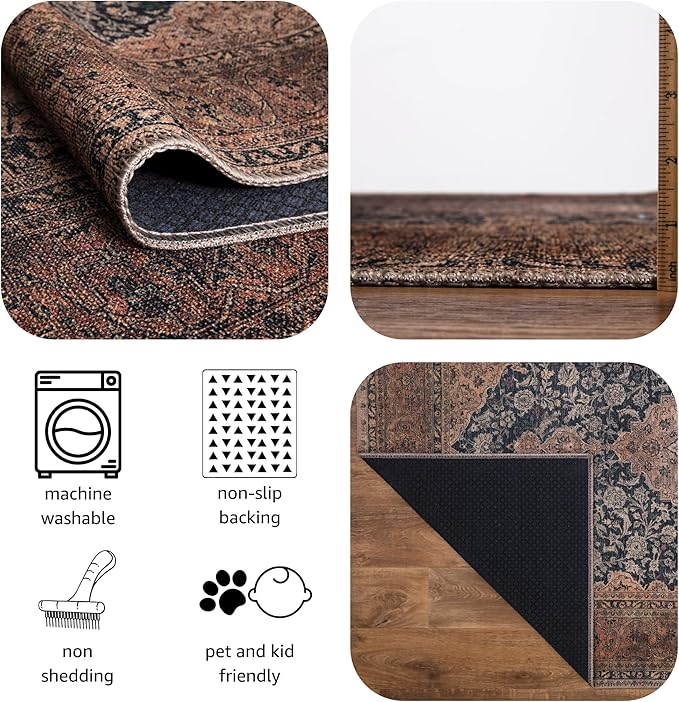 Keen Home Design 2x12 Rug - Machine Washable Runner Rug with Non-Slip Backing, Ideal for Hallway, Entryway, Kitchen, Laundry Room - Vintage, Easy Clean, Durable, Low Pile - (2'6" x 12')