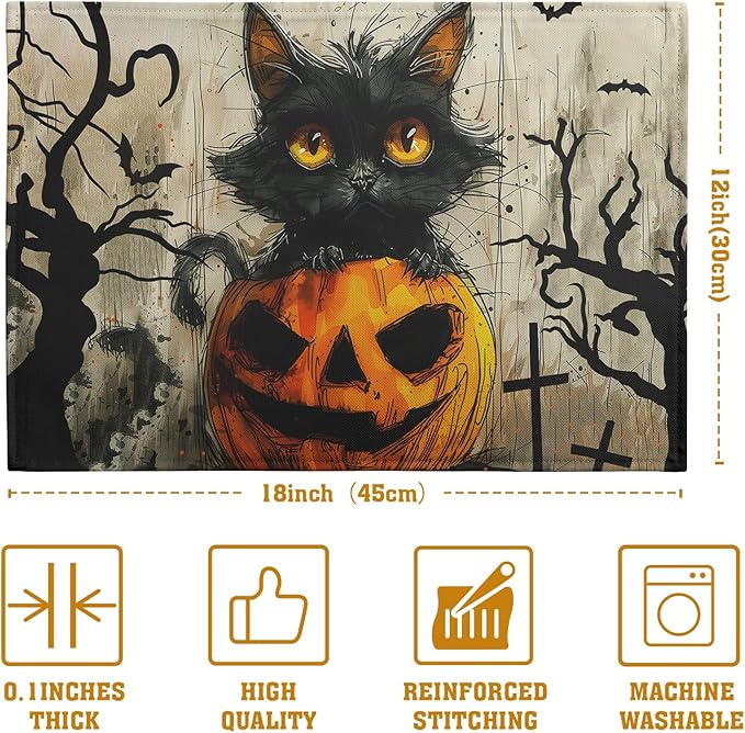 Halloween Black Cat Pumpkin 12x18 Placemats Set of 4 Happy Halloween Bat Branch Linen Table Place Mat Seasonal Fall Washable Heat Resistant Non Slip Table Placemats for Party Kitchen Dining Decor