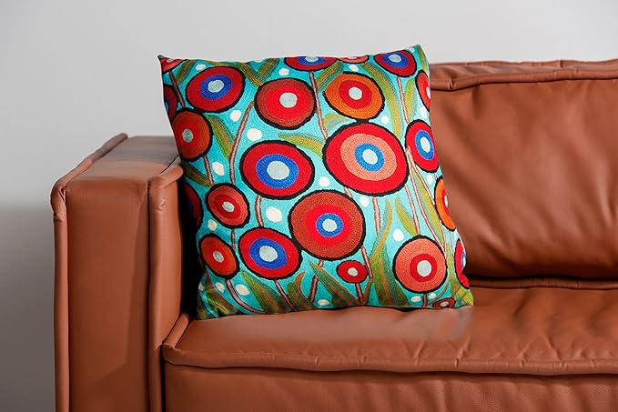Floral Poppy Pillow Cover - Turquoise Suzani Poppies Accent Chair Cushion - 18x18 Inch Hand Embroidered Wool