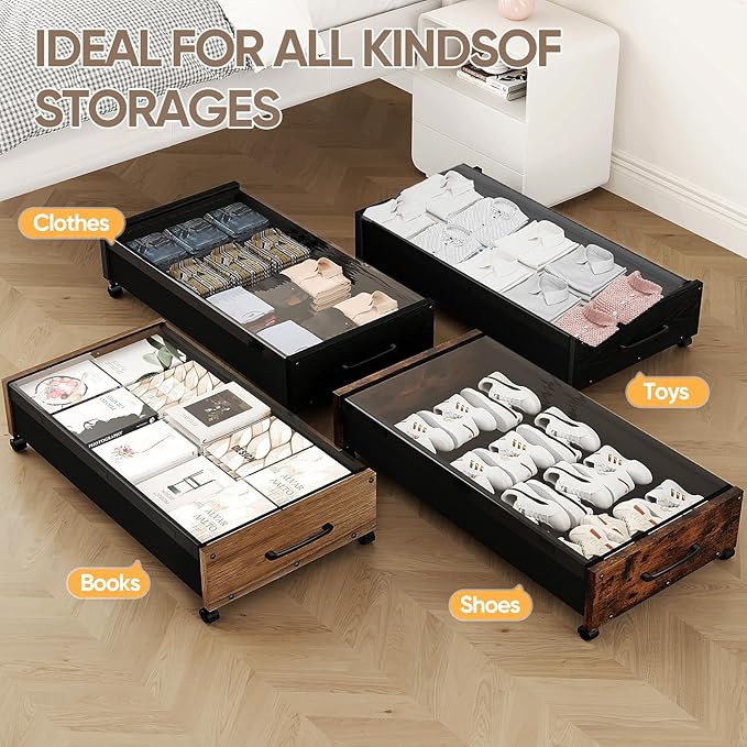 Wooden Under Bed Storage with Wheels, Rolling Under the Bed Storage Bins with Removable Lid, Metal Under Bed Drawers for Clothes and Shoes in Bedroom or Living Room(Walnut Brown-2pack)