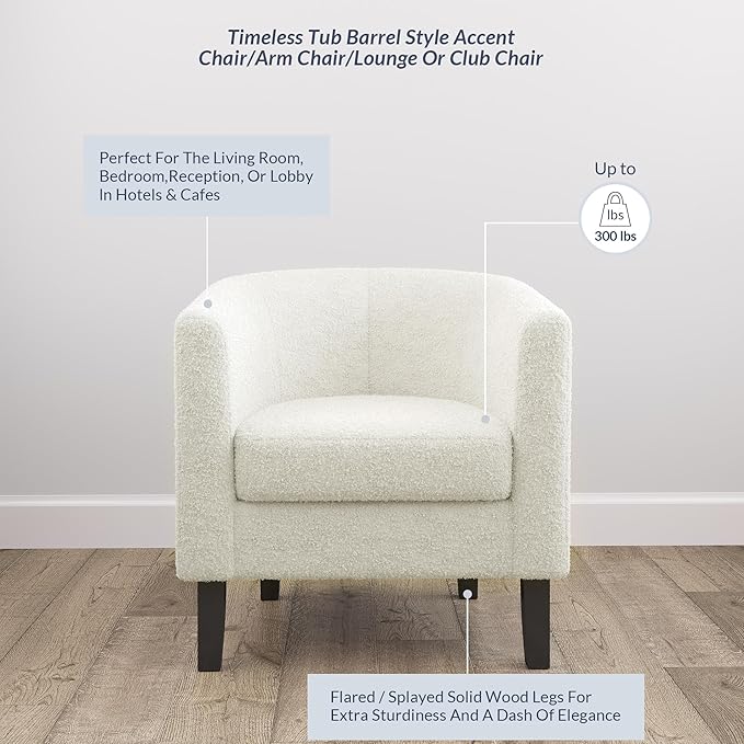 BELLEZE Accent Barrel Chair Set of 2, Linen Round Chair Club Tub Sofa Corner Chair with Flared Legs and Cozy Soft Padding for Living Room Bedroom Waiting Room - Teddy White
