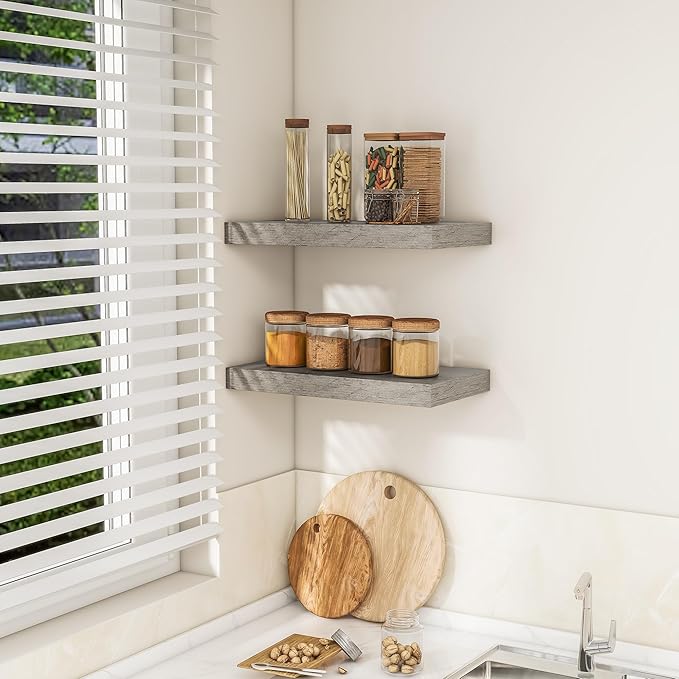 RICHFOCUS 16Inch Floating Shelves for Wall 2 Pack Shelves for Bedroom|Kitchen|Bathroom Wall Mounted Rustic Wood Floating Shelf with Invisible Brackets for Books|Storage|Decor, Grey