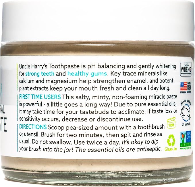 Uncle Harry's Peppermint Remineralizing Toothpaste | Natural Whitening Tooth Paste Freshens Breath & Promotes Enamel | Vegan Fluoride Free Toothpaste (2 Pack)