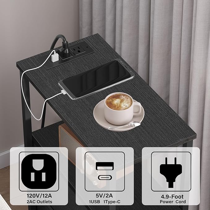 TUTOTAK Small Narrow LED End Table with Charging Station, Side Table Outlets, Nightstand with 2 Cloth Drawers, Couch Table, for Living Room, Bedroom, Bedside, Black TB01BK085L