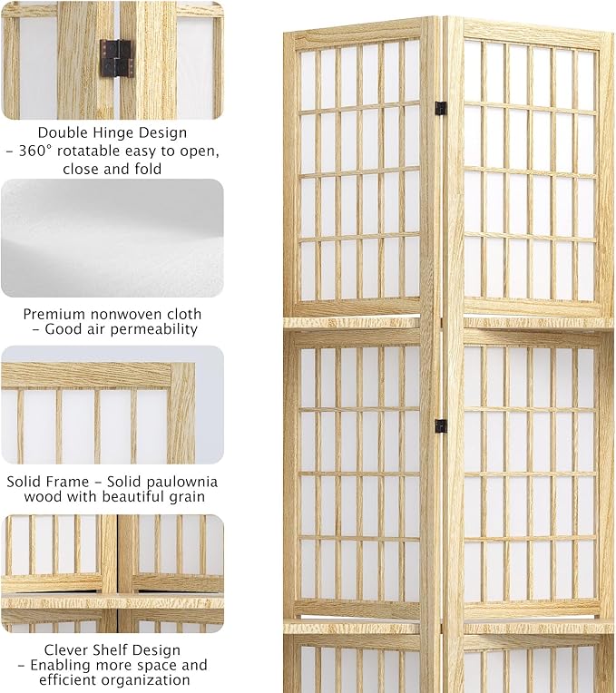 5.6FT Room Divider and Folding Portable Partition Screen, Chinese Japanese Shoji Style with Three Display Shelves for Room Separation - 4 Panel (Natural)
