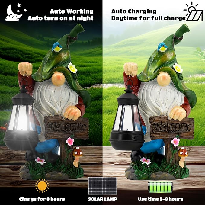 Garden Gnome Statue, Resin Figurine with Bright Solar Lantern Lights and Welcome Sign, Outdoor Solar-Powered Illumination Yard Art Decorations for Indoor Outdoor Patio Lawn Garden Room