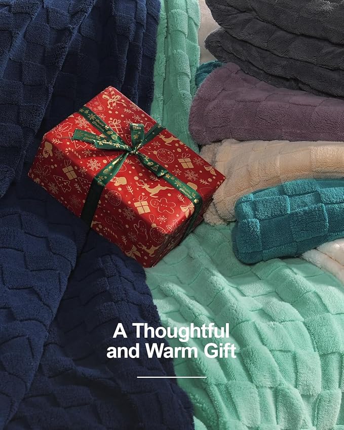 Pawque Super Soft Cozy Throw Blanket Queen Size for Couch Bed, Fluffy Sherpa Fleece Reversible Thick Warm Fuzzy Blanket for All-Season, 3D Checkered Jacquard Decorative Blankets, Navy Blue, 90"x90"